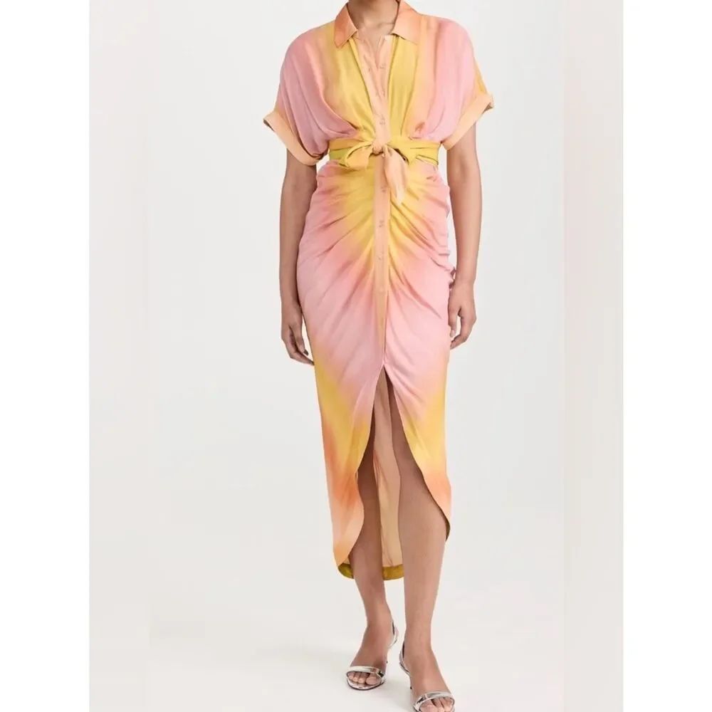 Le Superbe Pastel Pink and Yellow ombre Tie-Front Midi Shirtdress Size 6 NWT